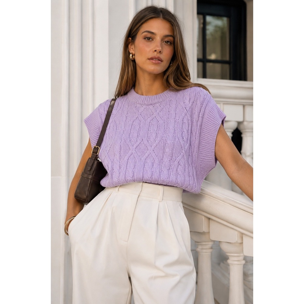 Mimosa Purple Cable Knit Cropped Sweater Vest Top Medium